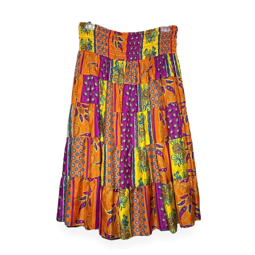 Ralph Lauren Black Label 100% Silk Witchy Bohemian Patchwork Midi Skirt